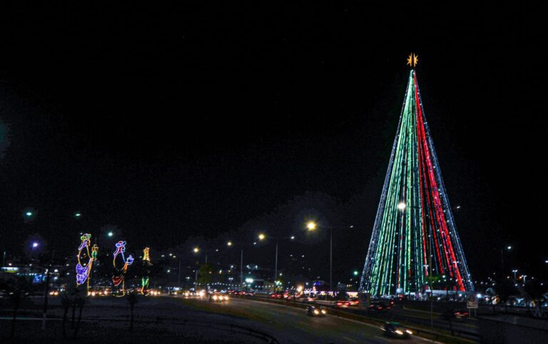 A Árvore de Mirassol possui 110 metros de altura e é considerada uma das maiores do país. Fica iluminada todos os anos no ciclo natalino que se estende até 6 de janeiro (Foto: Alex Régis / Prefeitura)