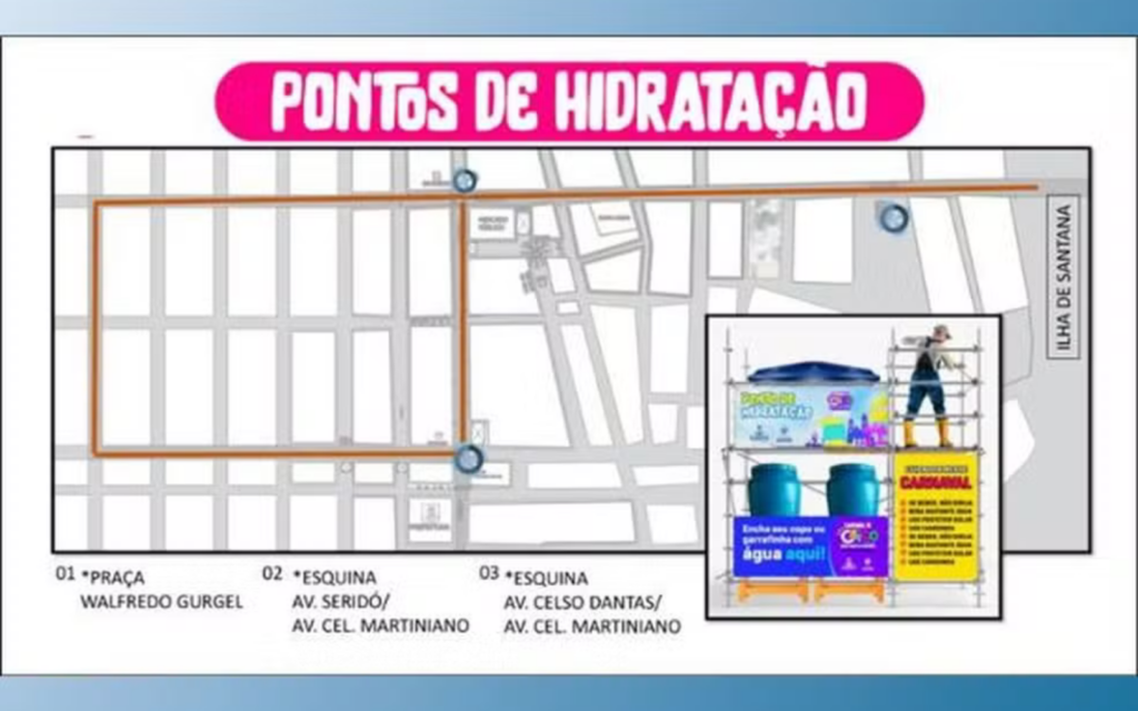 Mapa dos pontos de distribuição de água no Carnaval de Caicó (Imagem: Divulgação) 