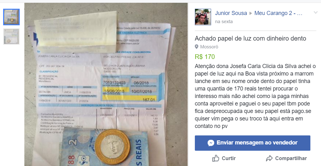 Em Mossoró homem acha R$ 170 em conta de energia e paga fatura de desconhecida