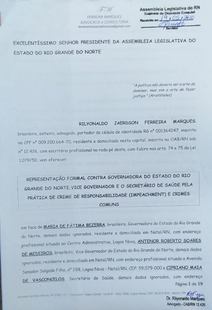 Advogado protocola pedido de impeachment contra Fátima Bezerra