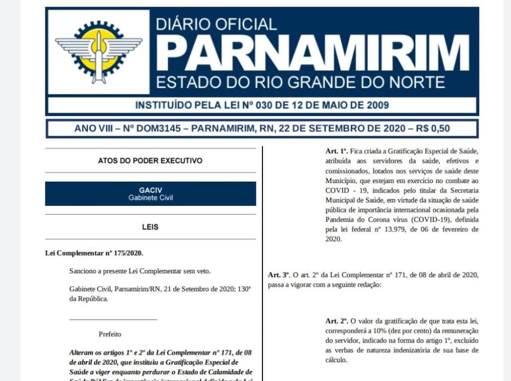 Rosano Taveira rebaixa gratificação Covid dos servidores de Parnamirim