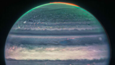 Imagem de Júpiter capturada pelo Telescópio James Webb a partir de três filtros